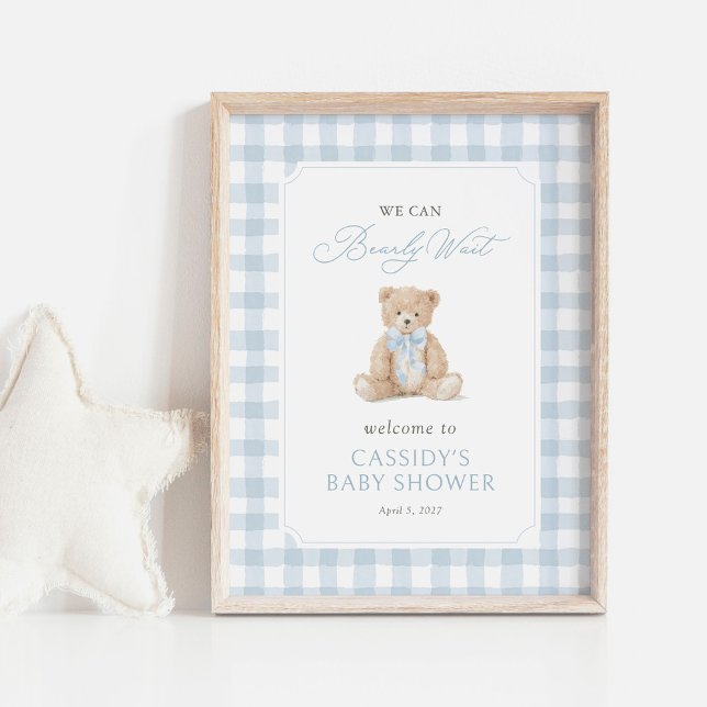 Teddybjörn Blå Gingham Bebis Shower Välkomstskylt Poster (Skapare uppladdad)
