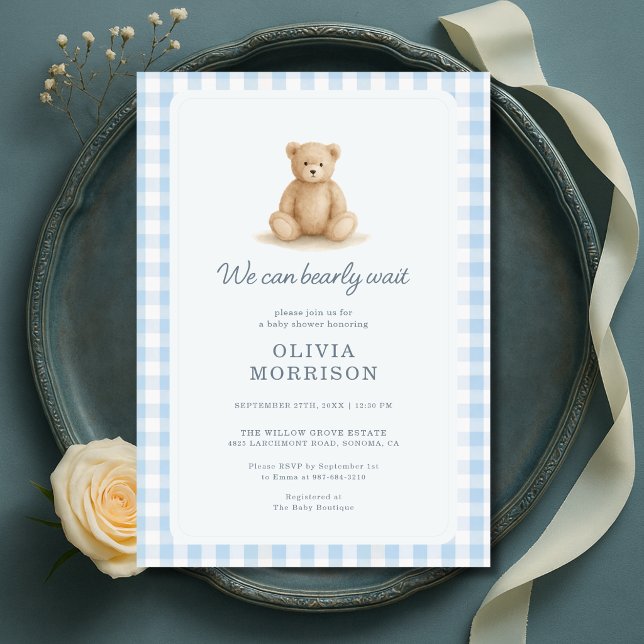 Teddybjörn Blå Gingham Pojke Bebis Shower Inbjudningar (Skapare uppladdad)