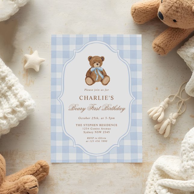 Teddybjörn Blå Minimalistisk Pojkfödelsedag Inbjudningar (Skapare uppladdad)