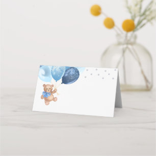 Teddybjörn Blå Silverballonger Baby Shower Vikta Placeringskort