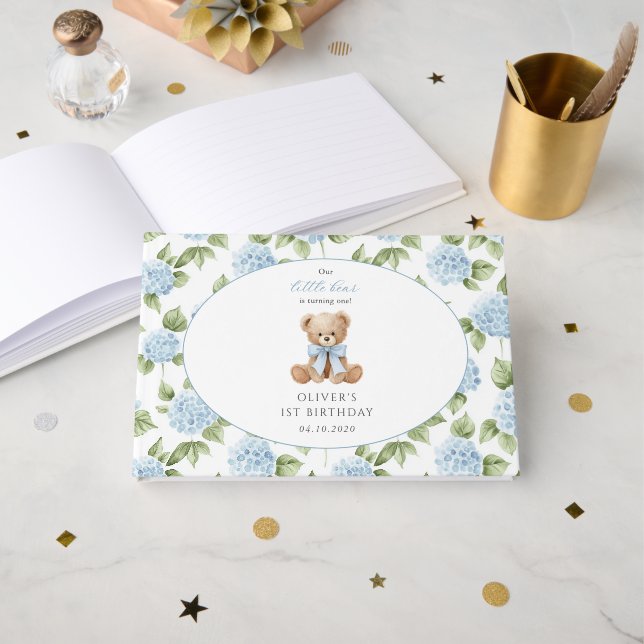 Teddybjörn, Blå slinga, Blå blommor, Första födels Gästböcker (Framsida öppen)
