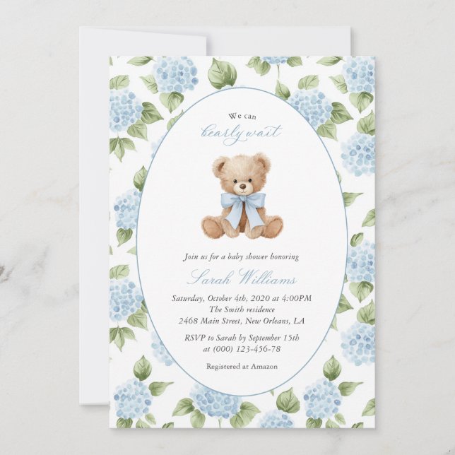 Teddybjörn, Blått band, Blå blommor, Bebisfest Inbjudningar (Framsida)