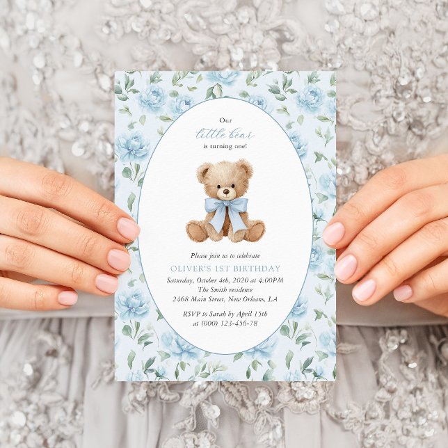 Teddybjörn, Blått band, Blå blommor, Första födels Inbjudningar (Skapare uppladdad)