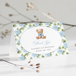 Teddybjörn, Blått band, Blå blommor, Första födels Tack Kort