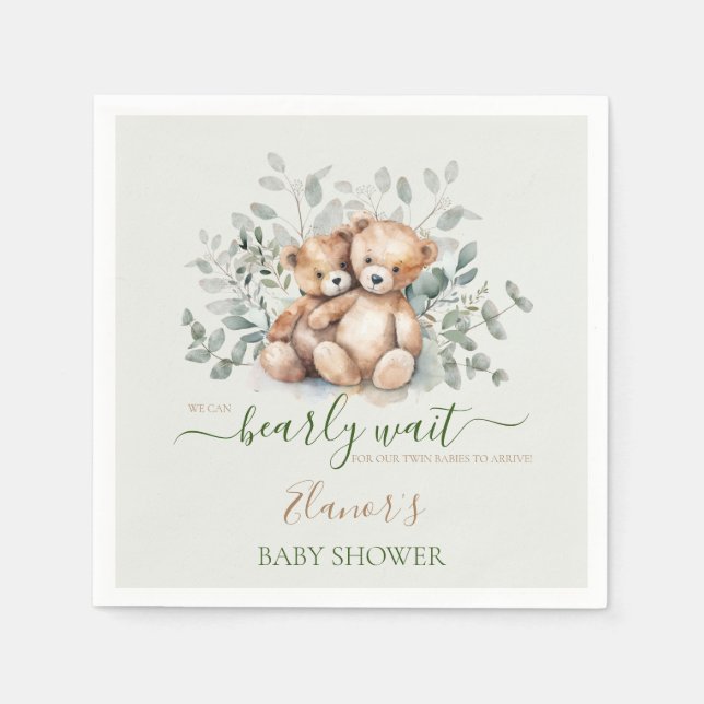 Teddybjörn Boho-tvillingar Könsneutrala Babyshower Pappersservett (Framsidan)