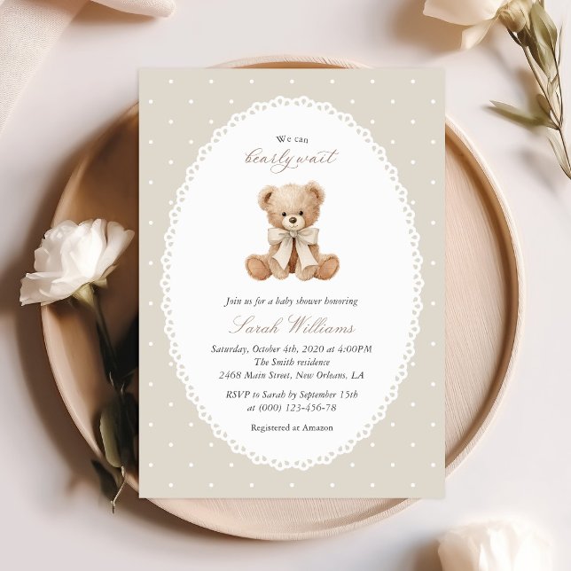 Teddybjörn, Bow, Beige prickar, Baby Shower Inbjudningar (Skapare uppladdad)