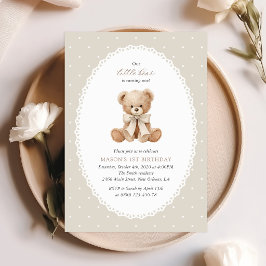 Teddybjörn, Bow, Beige prickar, Första födelsedage Inbjudningar