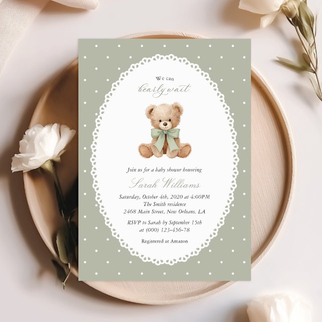 Teddybjörn, Bow, Gröna prickar, Baby Shower Inbjudningar (Skapare uppladdad)