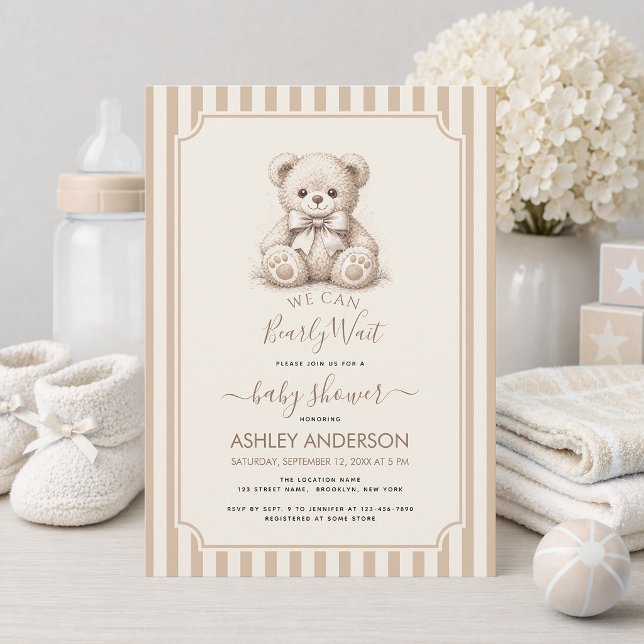 Teddybjörn & Bruna Ränder Baby Shower Nästan Dags Inbjudningar (Skapare uppladdad)