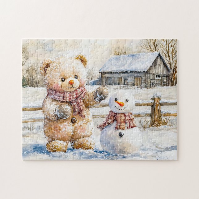 Teddybjörn bygger en snöman pussel (Horisontell)