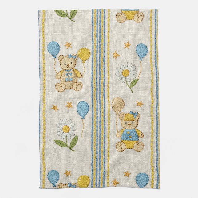 Teddybjörn Daisy Trädgårdsmönster (10) Kökshandduk (Vertikal)