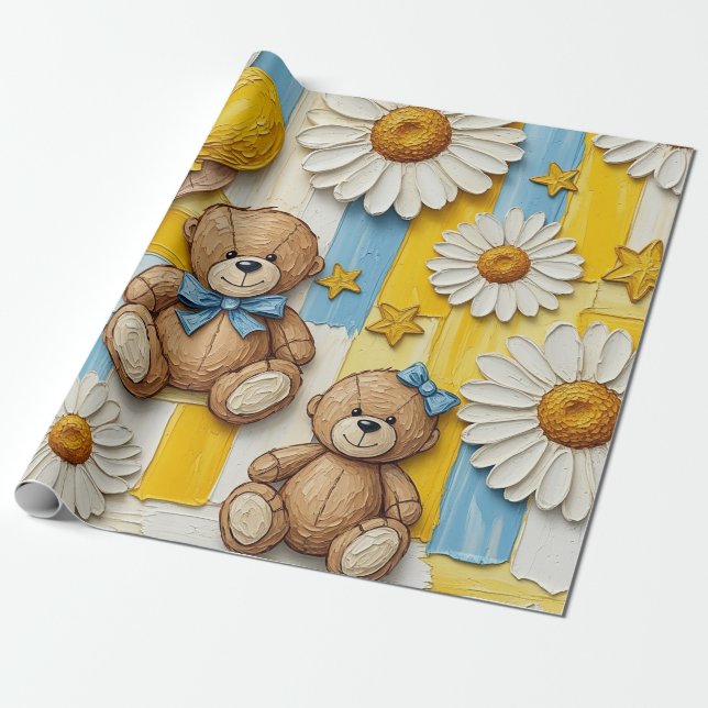 Teddybjörn Daisy Trädgårdsmönster (11) Presentpapper (Utrullad)