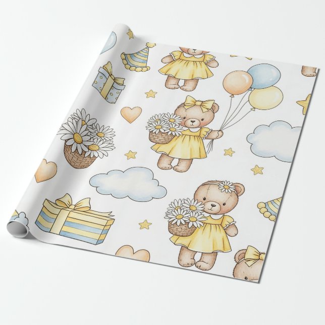 Teddybjörn Daisy Trädgårdsmönster (14) Presentpapper (Utrullad)