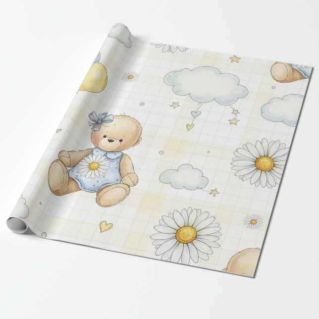 Teddybjörn Daisy Trädgårdsmönster (15) Presentpapper (Utrullad)