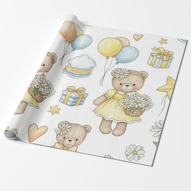 Teddybjörn Daisy Trädgårdsmönster (16) Presentpapper (Utrullad)