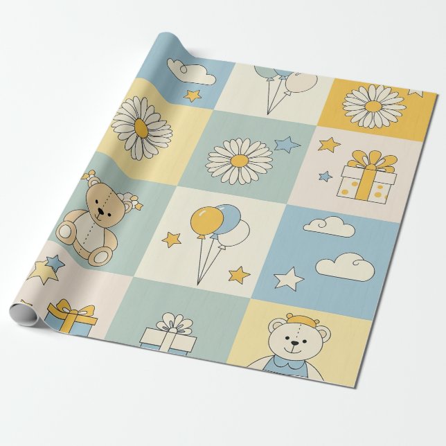 Teddybjörn Daisy Trädgårdsmönster (17) Presentpapper (Utrullad)