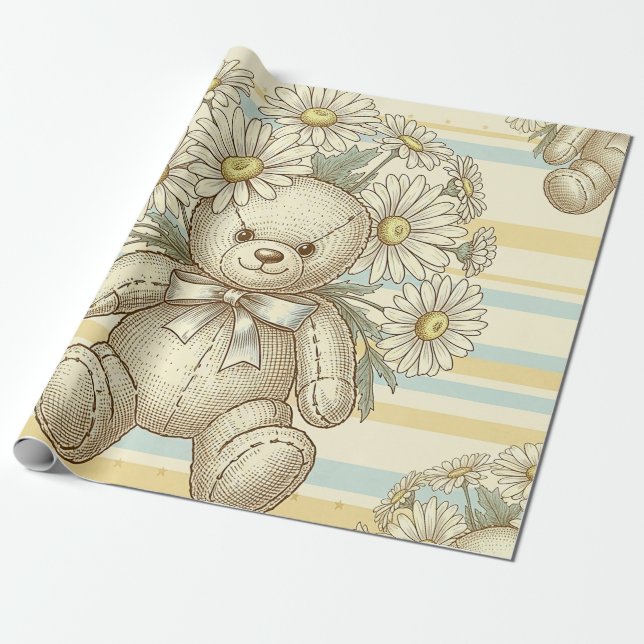 Teddybjörn Daisy Trädgårdsmönster (1) Presentpapper (Utrullad)