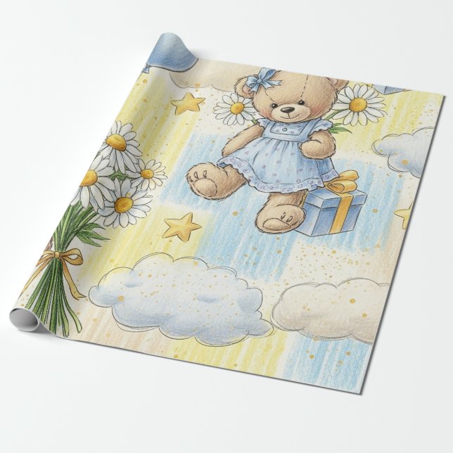 Teddybjörn Daisy Trädgårdsmönster (2) Presentpapper (Utrullad)