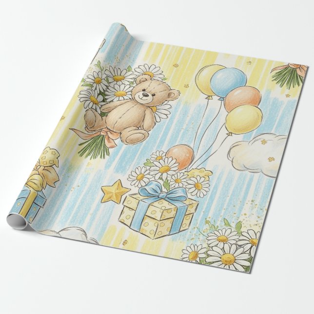 Teddybjörn Daisy Trädgårdsmönster (3) Presentpapper (Utrullad)