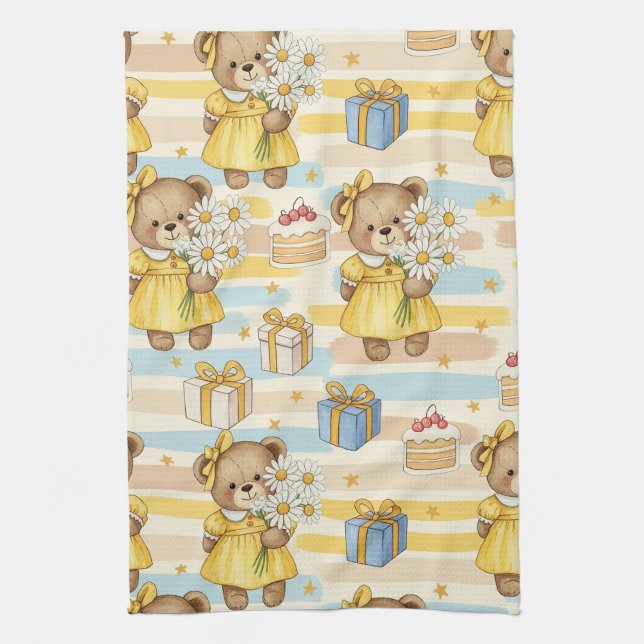 Teddybjörn Daisy Trädgårdsmönster (5) Kökshandduk (Vertikal)