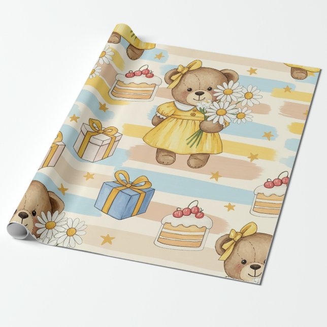 Teddybjörn Daisy Trädgårdsmönster (5) Presentpapper (Utrullad)