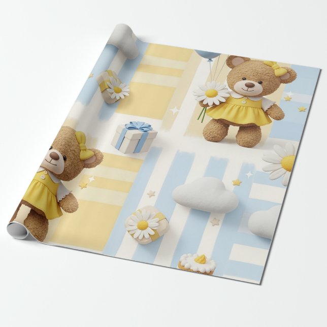 Teddybjörn Daisy Trädgårdsmönster (8) Presentpapper (Utrullad)
