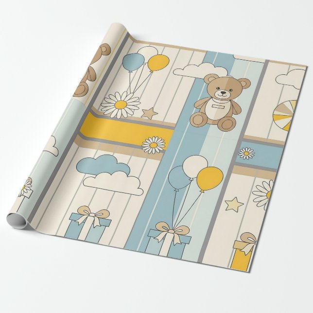Teddybjörn Daisy Trädgårdsmönster (9) Presentpapper (Utrullad)