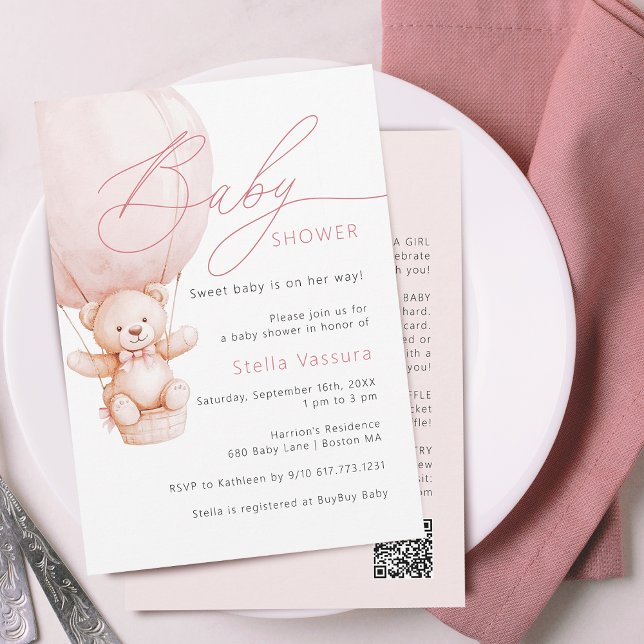Teddybjörn Detaljer QR-kod Flickor Barnkalas Inbjudningar (Teddy Bear Details QR Code Girl Baby Shower Invitation)