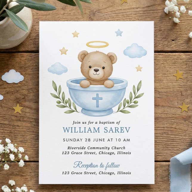 Teddybjörn Dop Vattenfärg Blå Moln Stjärnor Inbjudningar (Blue Teddy Bear Baptism Invitation for Boy With Cross and Clouds)