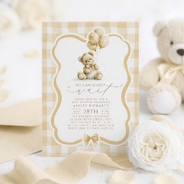Teddybjörn Elegant Ljusbrun Gingham Baby Shower Inbjudningar