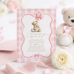Teddybjörn Elegant Pastell Rosa Gingham Barnkalas Inbjudningar