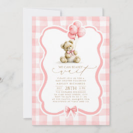 Teddybjörn Elegant Pastell Rosa Gingham Barnkalas Inbjudningar
