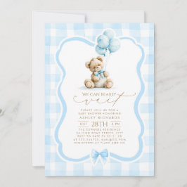 Teddybjörn Elegant Pastellblå Gingham Bebisdopp Inbjudningar