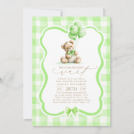 Teddybjörn Elegant Salvia Grön Rutig Babyfirande Inbjudningar