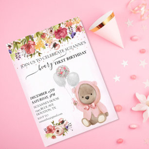 Teddybjörn En Första Födelsedag Rosa Flicka  Inbjudningar