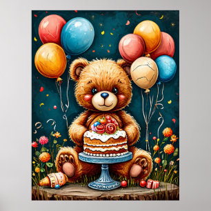Teddybjörn Firande Födelsedagsbarn Kalas Dekoratio Poster