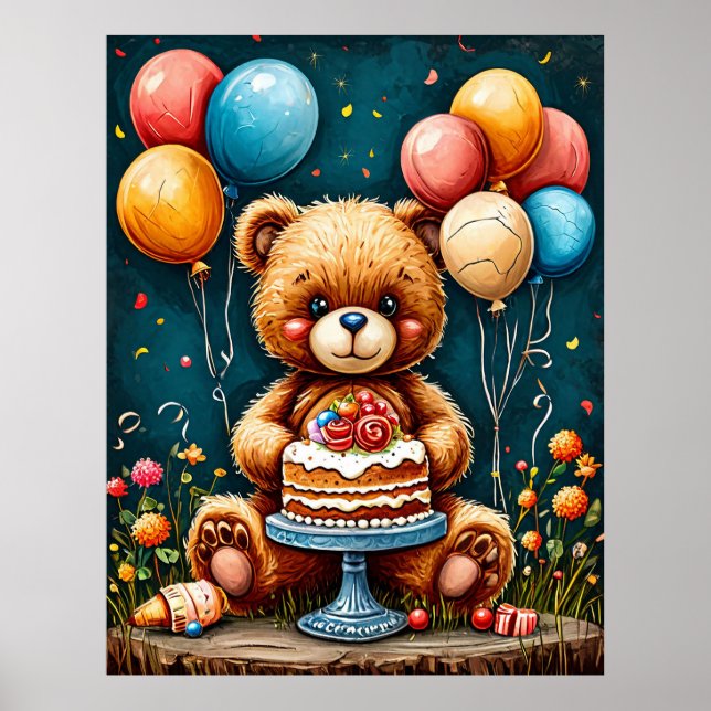 Teddybjörn Firande Födelsedagsbarn Kalas Dekoratio Poster (Framsidan)
