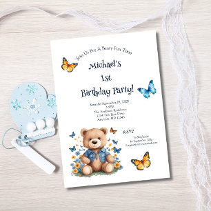 Teddybjörn Fjärilar Baby Pojke 1-års Födelsedagsfe Inbjudningar