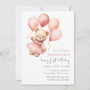 Teddybjörn Flicka 1-års Födelsedagsinbjudan Inbjudningar