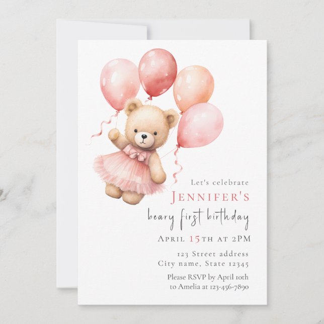 Teddybjörn Flicka 1-års Födelsedagsinbjudan Inbjudningar (Framsida)