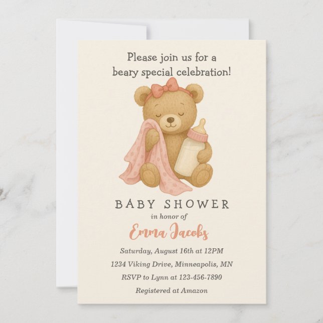 Teddybjörn flicka baby shower-inbjudan inbjudningar (Framsida)