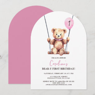 Teddybjörn Flicka Första Födelsedag Inbjudningar