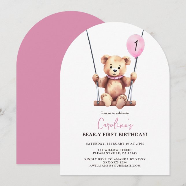 Teddybjörn Flicka Första Födelsedag Inbjudningar (Fram/baksida)