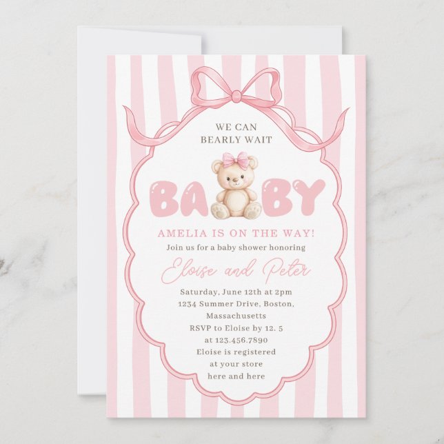 Teddybjörn Flicka Rosa Rosett Babyfirande Inbjudningar (Framsida)