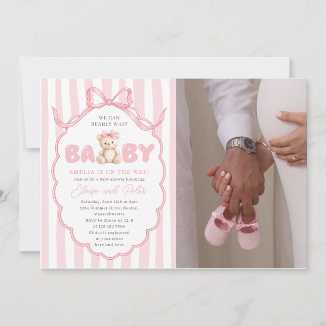 Teddybjörn Flicka Rosa Rosett Babyfirande Inbjudningar (Framsida)