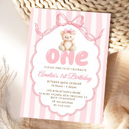 Teddybjörn Flicka Rosa Rosett Ränder 1-årsdag Inbjudningar