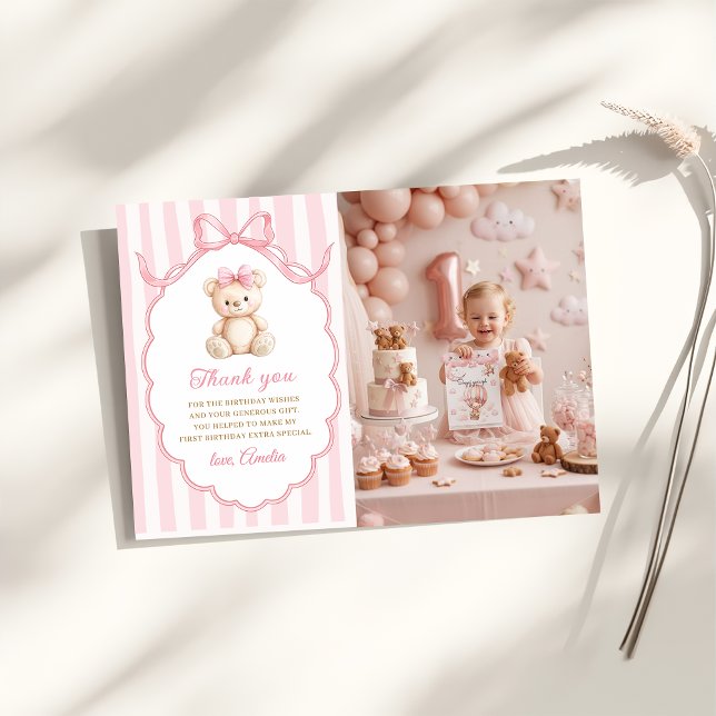 Teddybjörn Flicka Rosa Rosett Ränder 1-årsdag Tack Kort (Skapare uppladdad)