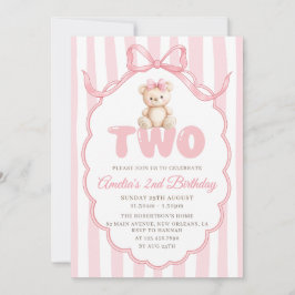 Teddybjörn Flicka Rosa Rosett Ränder 2-årsdag Inbjudningar