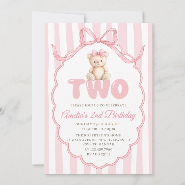 Teddybjörn Flicka Rosa Rosett Ränder 2-årsdag Inbjudningar (Framsida)