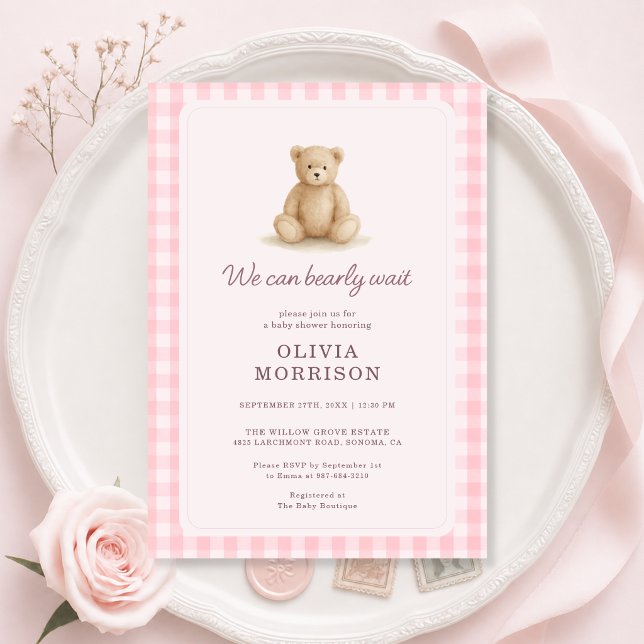 Teddybjörn Flicka Rosa Rutig Bebis Kalas Inbjudningar (Skapare uppladdad)
